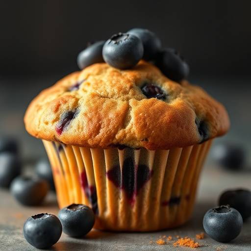 A blueberry vegan muffin with a golden-brown top.