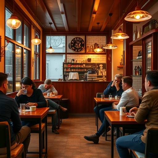 A cozy cafe interior with comfortable seating, warm lighting and people enjoying coffee and conversation.