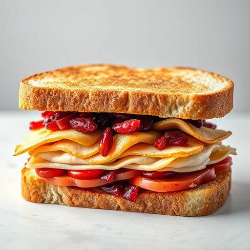 A roasted turkey and cranberry sandwich on toasted artisan bread.