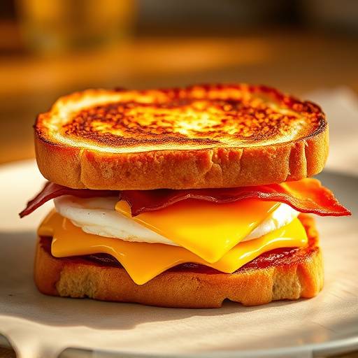 A toasted breakfast sandwich with egg, cheese, and bacon.