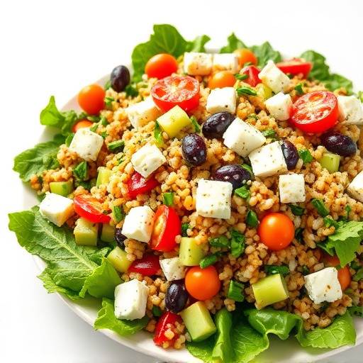 A vibrant quinoa salad with mixed vegetables and feta cheese.