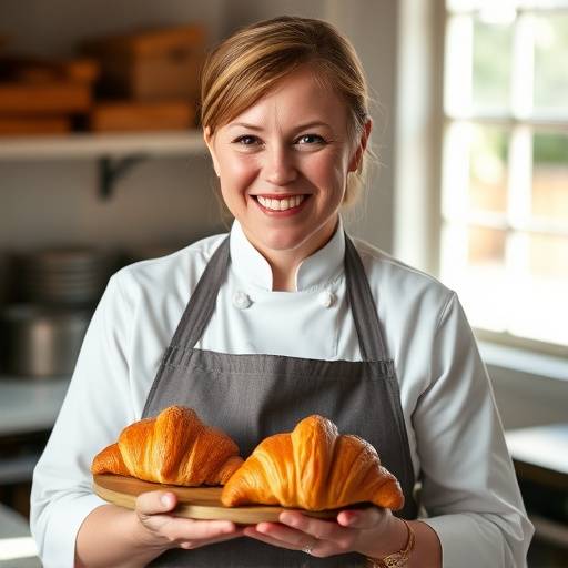 Clara Bergstrom, co-founder and pastry chef, holding a tray of croissants.
