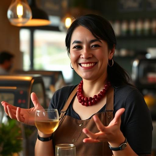 Maria Rodriguez, cafe manager, smiling and welcoming.