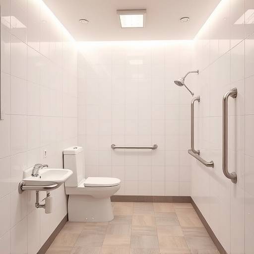 The interior of our accessible restroom, featuring grab bars and ample space.